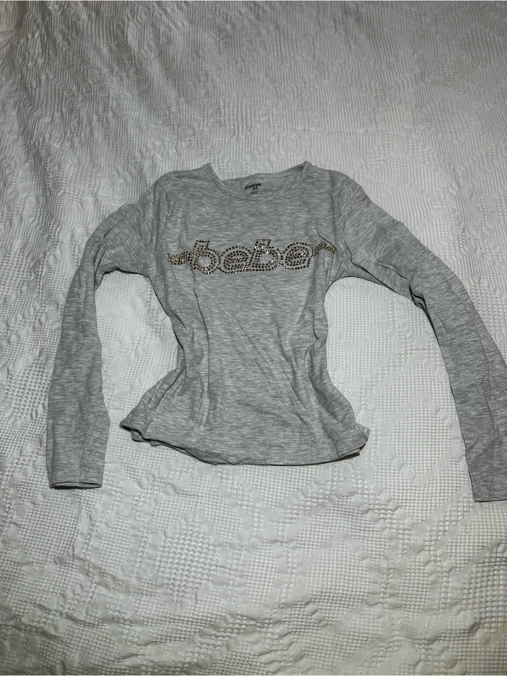 Bebe Heather Gray Long Sleeve Logo Tee with Rhinestone Detail